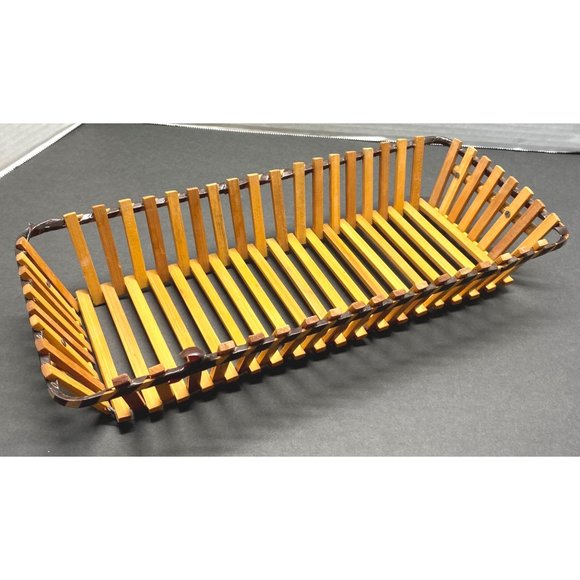 Vintage Wood Slat Bread Basket Rectangular Fruit Tray Fruit Storage 14 Inch - Picture 8 of 11
